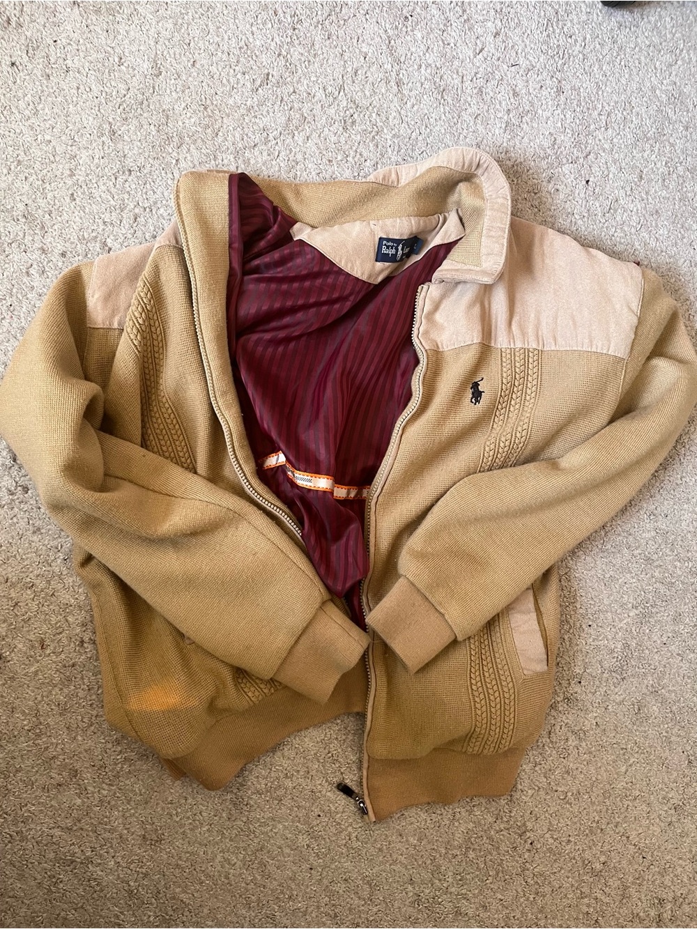 Ralph Lauren Men’s Khaki/Tan Zip-Up Knit Jacket with Burgundy Lining
